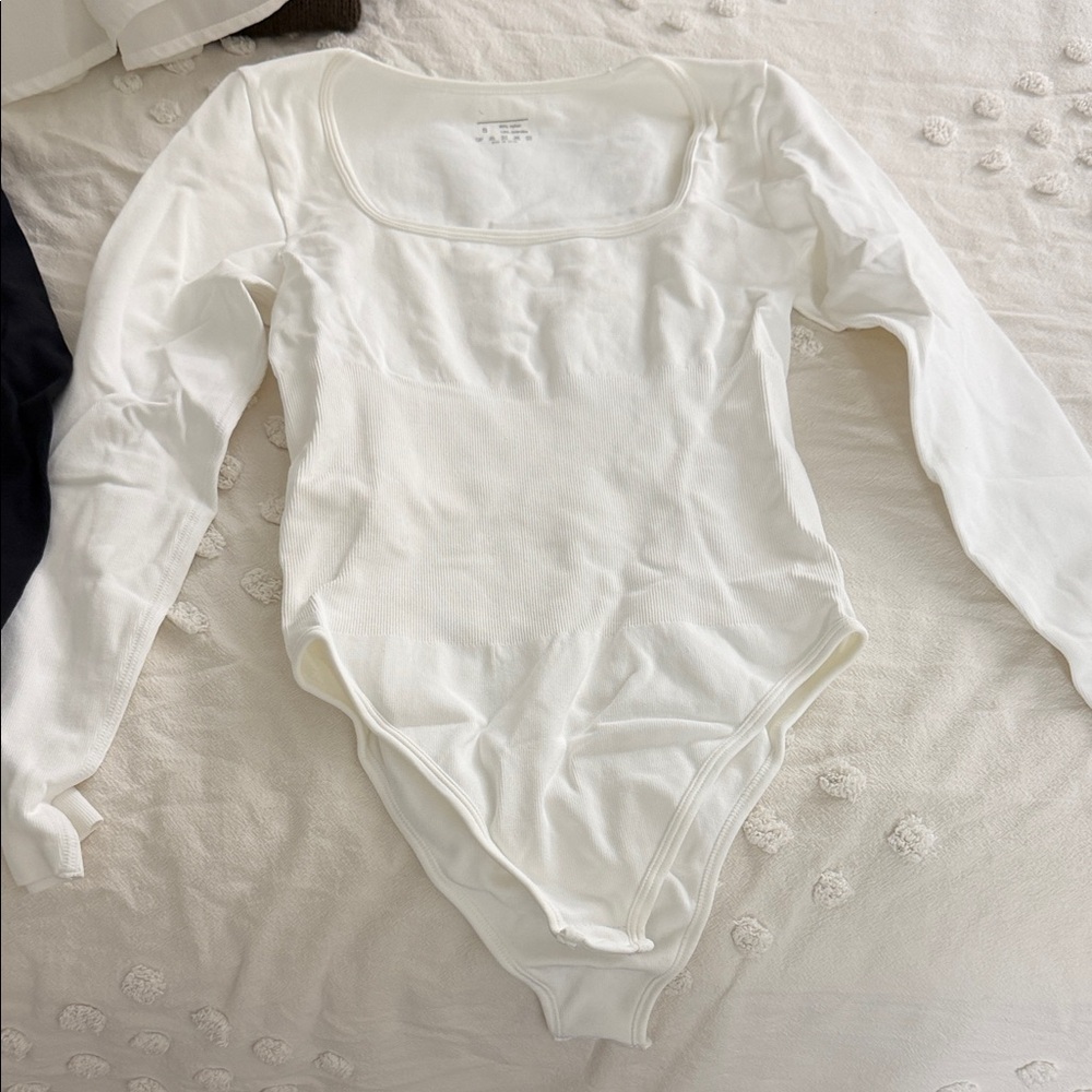 Black and White Long Sleeve Square Neck Ribbed Bodysuits